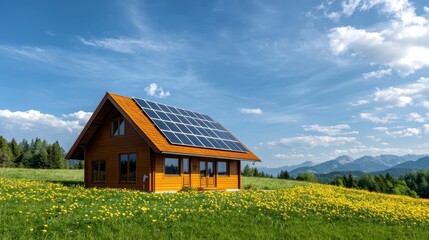 Obraz premium Carbon footprint and consumption concept. A modern wooden house with solar panels sits in a sunny field of flowers, surrounded by mountains and a clear blue sky.