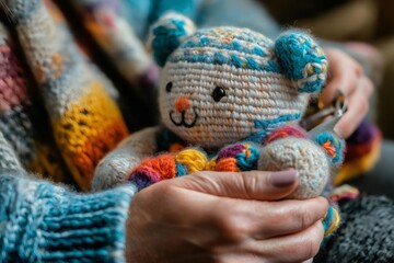 Close up of a craftswoman's hands holding a multicolored crocheted teddy bear, showcasing the intricate details of the handmade toy