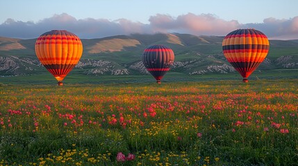 Obraz premium Colorful hot air balloons over a vibrant flower field at sunrise