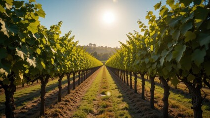 Vineyard Rows Bathed in Warm Sunlight Under a Clear Blue Sky During Harvest Season