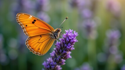 Obraz premium Close Up of an Orange Butterfly Resting on a Lavender Flower in a Blooming Garden