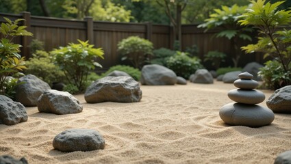 Tranquil Zen Garden with Sand and Stones Surrounded by Lush Greenery in a Peaceful Setting