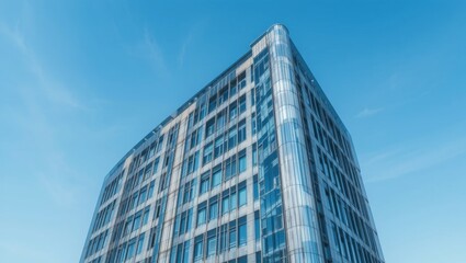 Contemporary High-Rise Building with Glass Facade and Reflective Surface Against Clear Blue Sky