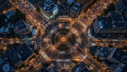 Fototapeta premium Aerial View of a Bustling Urban Roundabout with Traffic Flowing Through City Lights at Night