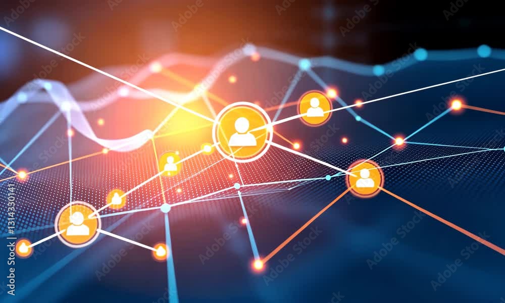 Wall mural abstract network connection with orange user icons and glowing lines on blue background