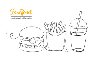 Set of Fast Food: Burger, Fries, and Milkshake Continuous Single Line Drawing Minimalist Vector Illustration