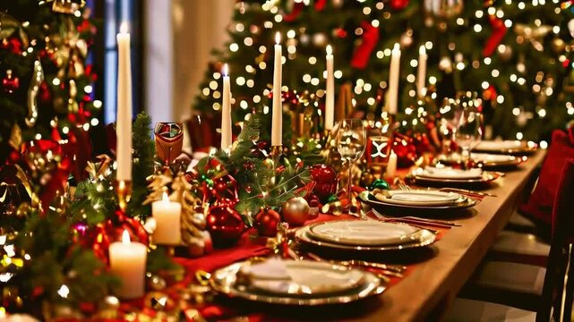 Festive Christmas dinner table setting, home, candles, trees