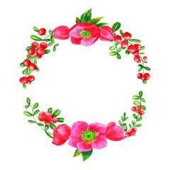 Watercolor round frame of hellebore and butterflies. Hand drawn watercolor illustration. For menus, labels, postcards. Cowberry, flower,  frame