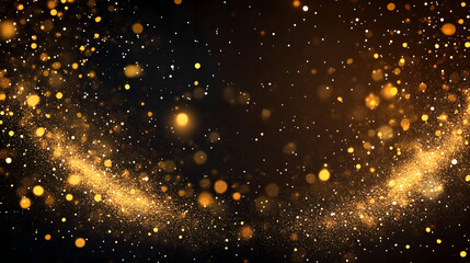 Festive vector background with gold glitter and confetti for christmas celebration. Black background with glowing golden particles.