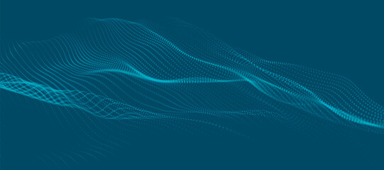 Dynamic wave of glowing dots. Futuristic dot wave of bright particles. Weave effect. Futuristic background for presentation design. Wide format vector illustration.