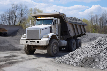 White dump truck unloading gravel at a construction site, contributing to the building process with heavy machinery and equipment