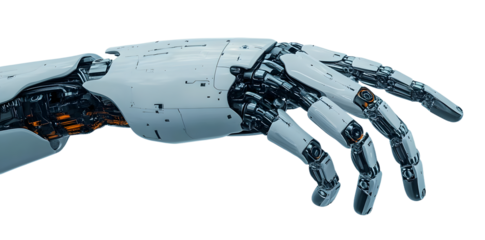 uturistic robotic hand with mechanical fingers, isolated on transparent cutout background