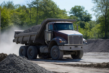 Dump truck unloading gravel at a construction site, generating a cloud of dust against the backdrop of a bright, sunny day