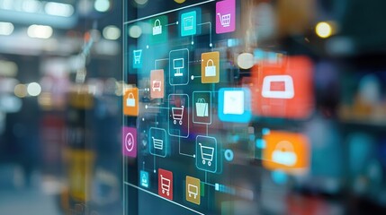 Fototapeta premium Digital Interface Displaying E-commerce Icons and Symbols