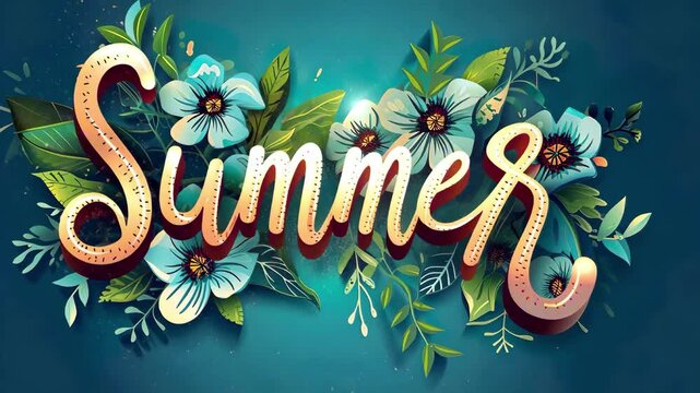 Elegant floral typography with the word "summer" in script style, surrounded by blooming flowers and leaves on a teal background. Concept of seasonal beauty and warm vibes