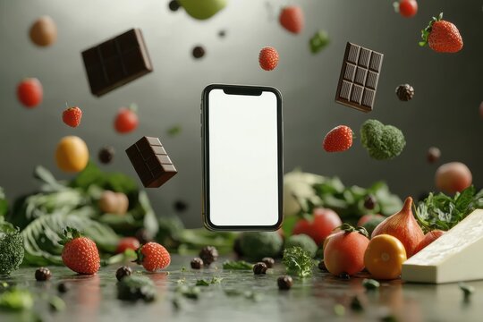 Floating smartphone with food items to highlight technology and culinary themes