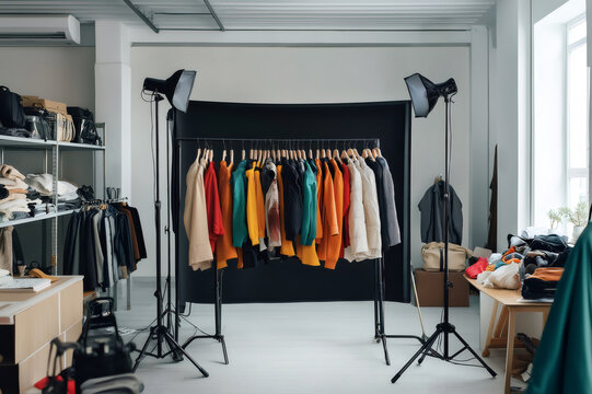 Colorful clothes hanging on a rack in a bright studio with professional lighting equipment, ready for a fashion photoshoot