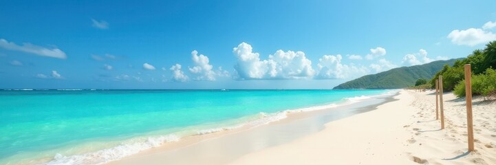 Obraz premium Empty sandy beach, turquoise summer sea Perfect vacation backdrop , golden, shoreline