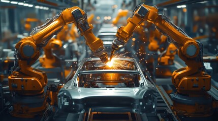Fototapeta premium Assembly line with synchronized robotic welders crafting automobile frames, industrial production, ultradetailed mechanical realism
