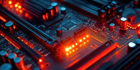 High-resolution image of a complex electronic motherboard featuring colorful LEDs and heat sinks, highlighting modern technology.