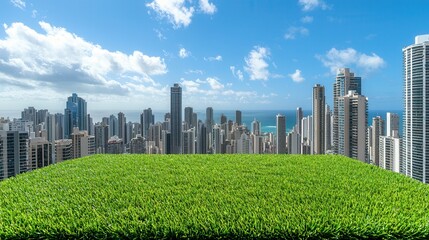 Obraz premium Green Grass Horizon Over City Skyline With Blue Sky and Cloudy Weather