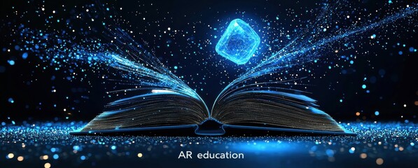 Futuristic hologram projecting from an open book for innovative education