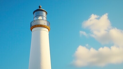 Towering Lighthouse Against Bright Blue Sky with Fluffy White Clouds in Background
