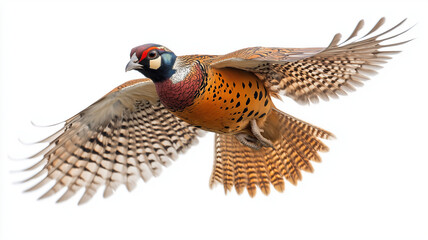 vibrant ring necked pheasant in mid flight, showcasing its colorful plumage against white background. bird wings are fully extended, highlighting its graceful movement and beauty