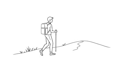 Man hiking uphill with backpack and stick