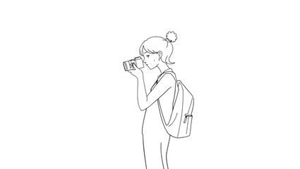 Minimalist Black-and-White Line Drawing of Woman with Ponytail and Camera