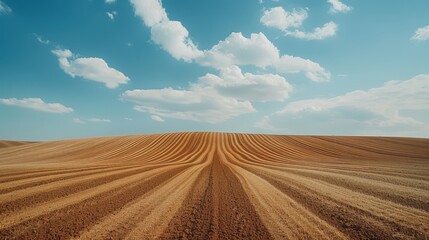 Plowed field, symmetrical lines, horizon, blue sky, clouds. Agriculture, farmland, rural landscape.