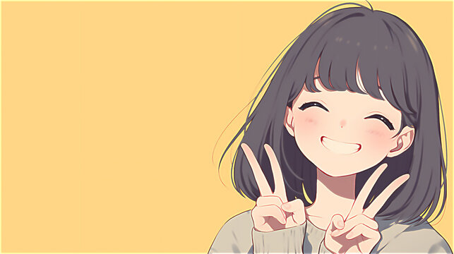 Happy Anime Girl Showing a Peace Sign with a Warm Smile