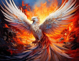 an abstract painting depicting the dynamic essence of a phoenix rising 
