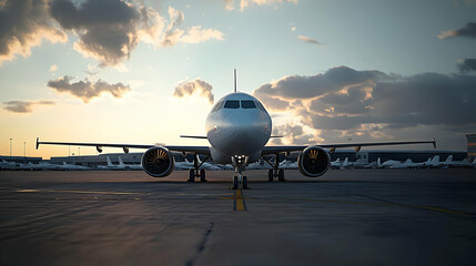 White Passenger Airplane Parked on Tarmac at Sunset Golden Hour Light with Dramatic Clouds in Background