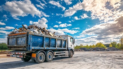 Dump truck filled with construction debris on a sunny day