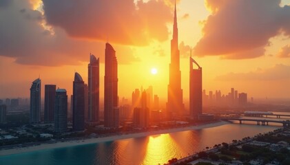 Obraz premium Golden hour sun rays illuminate Dubai's skyscrapers , steel, dubai