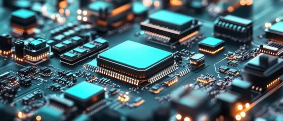 Obraz premium Highspeed robotic assembly lines producing microprocessors, human engineers finetuning AI efficiency, futuristic factory floor