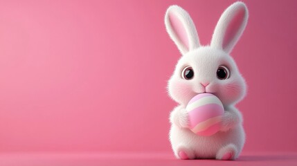 Cute white Easter bunny holding pastel egg on pink background