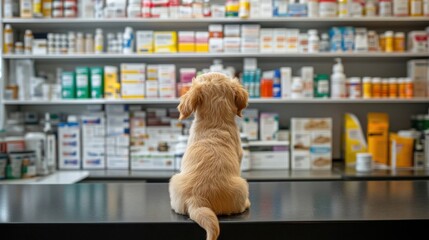 Curious puppy sitting on counter in veterinary pharmacy