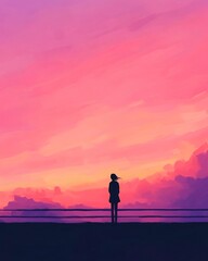 Obraz premium woman standing on bridge at sunset, looking at horizon, pastel pink sky