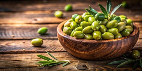 Close-up shot of green olives in a wooden bowl, Freshly picked green olives on a rustic wooden bowl , rustic, bowl