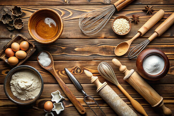 Rustic baking ingredients and tools on wooden background.
