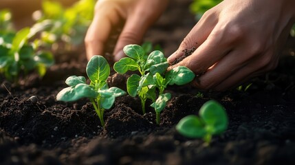 Fototapeta premium close-up of hands gently planting organic food in dark, moist soil, fresh green sprouts emerging, the essence of natural and mindful farming