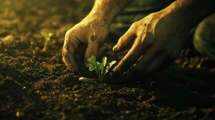 hands carefully planting a young vegetable in fertile soil, rich earth textures, early morning light casting a warm glow, symbolizing growth and sustainability
