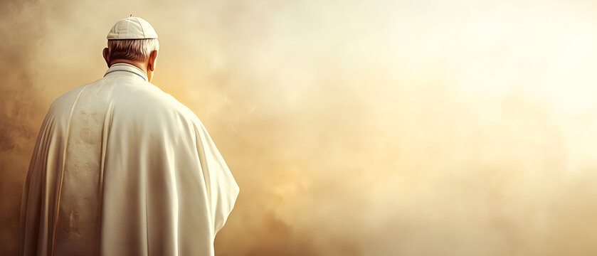 silhouette of a pope isolated over beige panoramic bg; concept of vatican, curch, religion, 