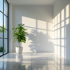 This stunning minimalist interior photograph captures the essence of modern simplicity and tranquility. A single potted plant with lush green leaves sits elegantly on a glossy white tiled floor, addin