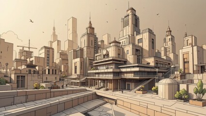 Obraz premium Stylized Urban Landscape with Geometric Buildings and Modern Architecture under Soft Sunlight