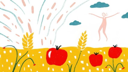 A vibrant illustration featuring tomatoes, wheat, and a joyful figure amidst a sunny landscape with clouds and playful lines.