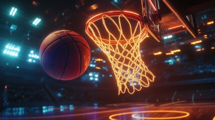 Dynamic Basketball Scene with Flying Ball and Illuminated Net in a Modern Sports Arena Setting for High-Energy Visuals and Promotions