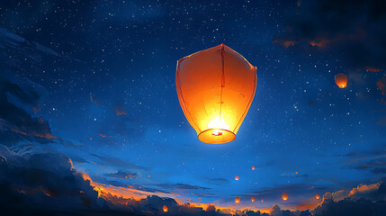 A glowing orange paper lantern floats gently in the dark blue night sky, surrounded by twinkling stars in an atmospheric and serene anime-style digital illustration.
